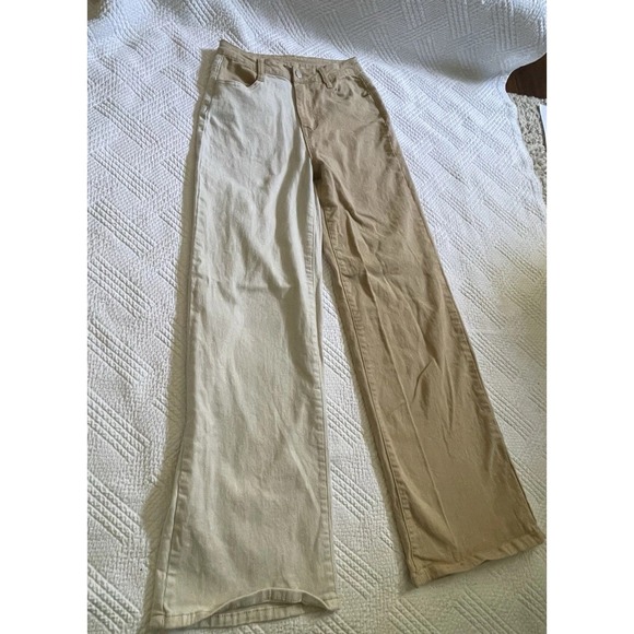 12th Tribe Women's Small Color Block Two Toned Jeans Tan Off-White Wide Leg - Picture 2 of 9